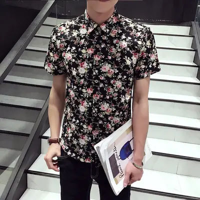 Men Floral Short Sleeve Barber Shirt Pink