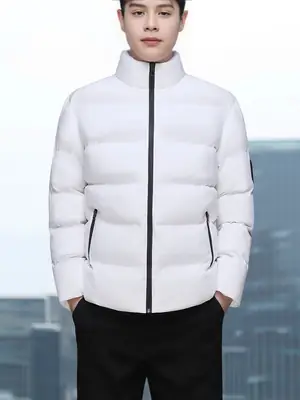 Men's White Fleece Puffer Jacket Slim Fit Winter Wear