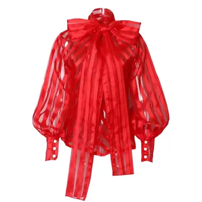 Women's Bow Lantern Long Sleeve Striped Shirt Top Black Shorts