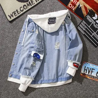 Kids Denim Hoodie Jacket Blue White Slim Fit