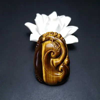 Tiger Eye Stone Ruyi Pendant Wood with Variable Stone Design