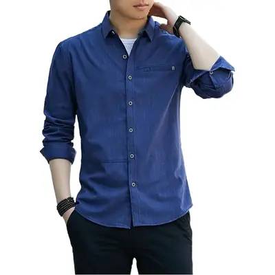 Men Blue Long Sleeve Button Shirt Business Wear