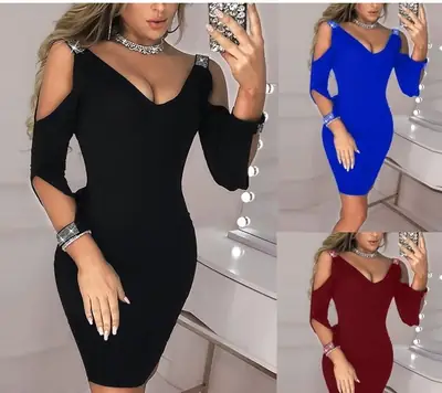 2021 Sexy Ripped Off Shoulder Dress Black Blue Red Low Cut Hip Dress