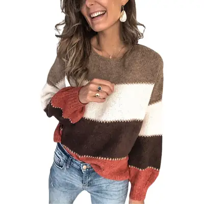 2024 Women's Knitted Striped Pullover Sweater Brown White Red