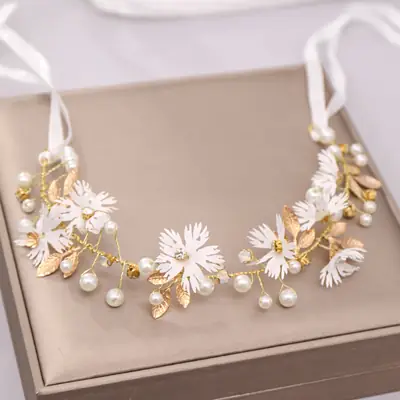 European American Leaf Hair Band with White Pearl