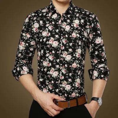 Korean Style Printed Cotton Long Sleeve Shirt for Men