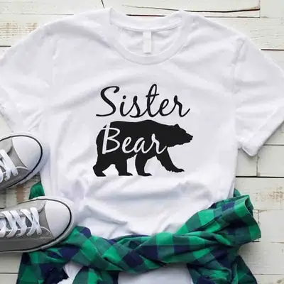 Black T-Shirt with "Sister Bear" Graphic for Men Women