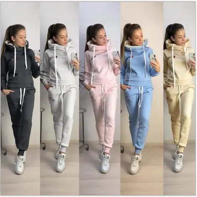 Women Fleece Track Suit Black Hooded Sweatshirt Pants Set