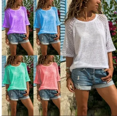Purple Lace Three Quarter Sleeves Round Neck Top
