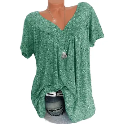 Green Printed V Neck Loose T-Shirt Top