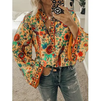 Women Floral Collar Long Sleeve Shirt Blue Winter