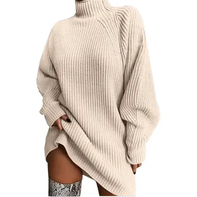 2024 Knit Half Turtleneck Raglan Sleeve Dress Beige