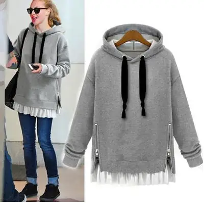 Gray Velvet Hooded Pullover Women Long Sleeve Hooded Sweatshirt
