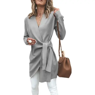 Women's Grey Lace-Up Long Sleeve Coat with Belt
