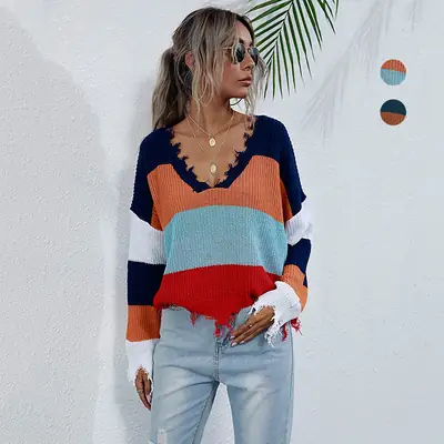 Women's V Neck Knitted Sweater Contrast Color Winter