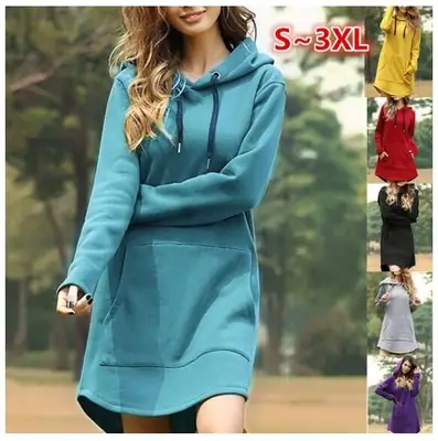 Women Red Hoodie Dress Large Loose Fit Pocket Long Sleeve