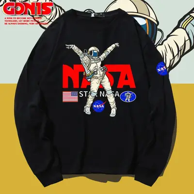 Men NASA Astronaut Long Sleeve T-Shirt Grey Cotton