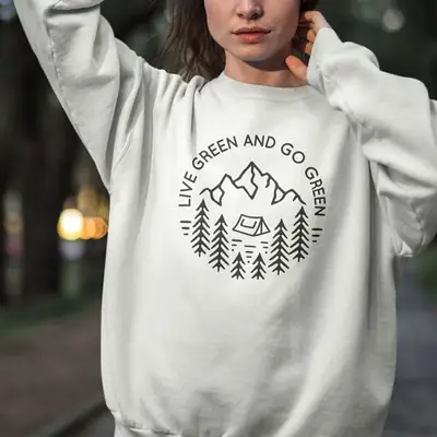 Grey Cotton Crewneck Sweatshirt with Mountain Forest Print