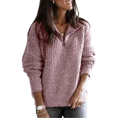 Women Knit Zipper Pullover Long Sleeve Maroon