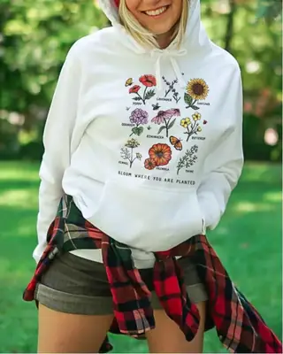 White Floral Printed Hoodie for Women