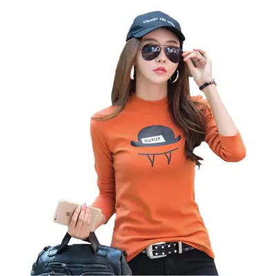 Long Sleeve Women's Turtleneck Cotton Top with Hat Print