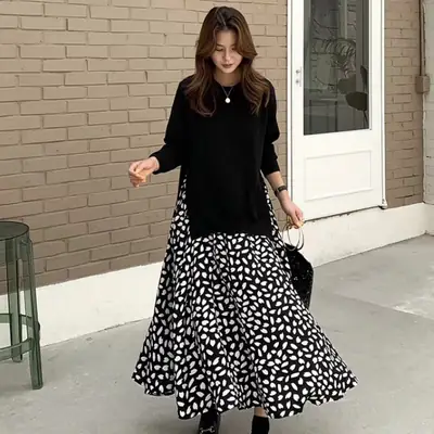 2025 Korean Patchwork Long Sleeve Dress Black White