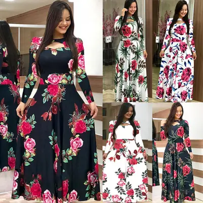 Women Floral Print Maxi Dress Blue Large