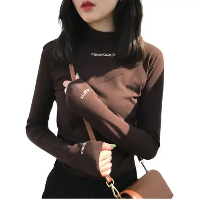 Women Fleece Lined Half-High Collar Shirt with Letter Embroidery