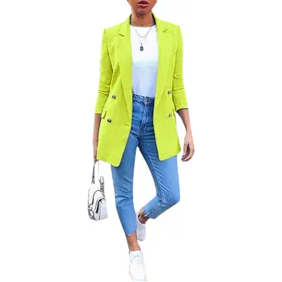 Women Green Lapel Cardigan Suit Jacket Mid Length
