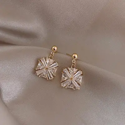 Korean Style Zircon Flower Earrings Gold Plated