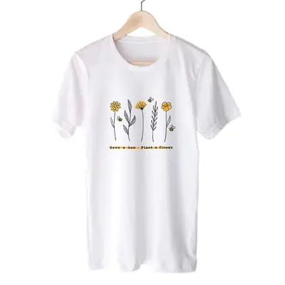 White Floral Print T-Shirt for Men Women Short Sleeve