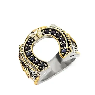 Zhen Rong Wish American Western Spirit Horseshoe Ring Denim Boots Gold Plated Two-Tone Diamond Dye Black Male Ring