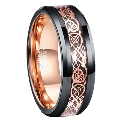 Tungsten Steel Ring Black Rose Gold Dragon Pattern 8MM