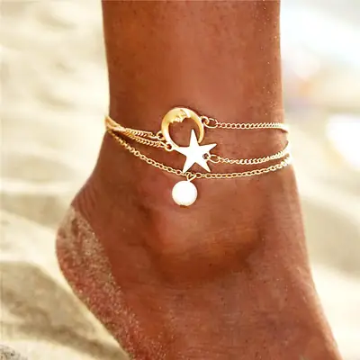 Golden Moon Star Pendant Anklet Set for Women