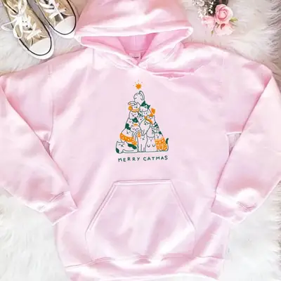 Black Printed Hoodie with Merry Catmas Design