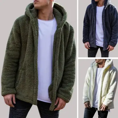 Men's Fluffy Hooded Coat Navy Blue W105