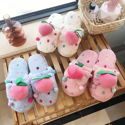Autumn Winter Pink Plush Slippers Warm Indoor