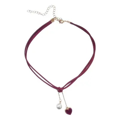 Velvet Heart Necklace for Women Red Pearl Chain