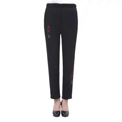 Middle-Aged Fleece-Lined Warm Trouser with Embroidery