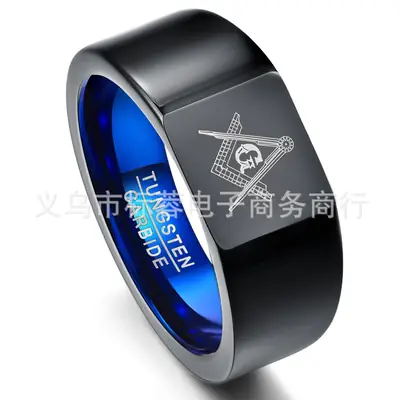 Men's Black Blue Laser Masonic Ring Tungsten Steel