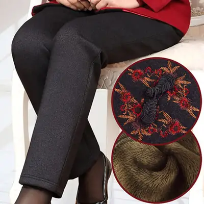 Women's Black Embroidered Winter Warm Pants