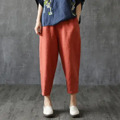 Plus Size Cotton Linen Nine Point Pants Orange