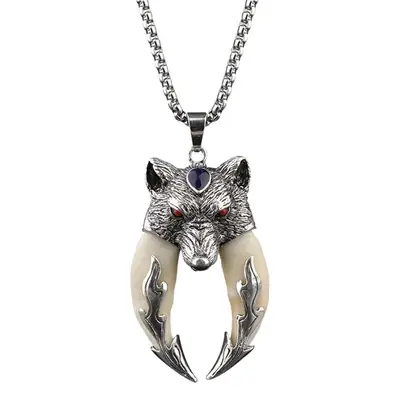 Wolf Tooth Necklace with Flame Design for Men Women