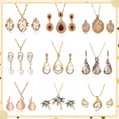 Elegant Diamond Zircon Necklace Earrings Set Gold Plated