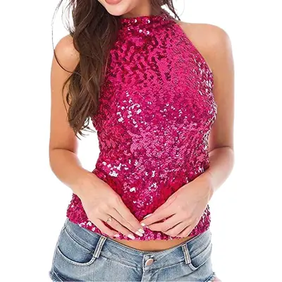 Black Sequined Halter Back Sleeveless Top