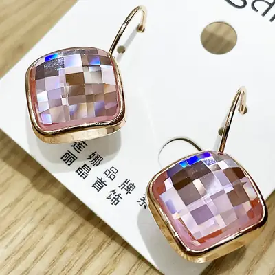 Big Eardrop Earrings for Women Gold Plated Pink Square Design