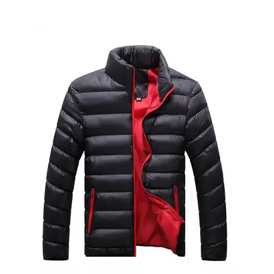 Men Navy Blue Collar Puffer Jacket Large