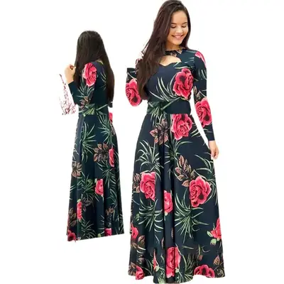Digital Printed Floral Dress White Red Green European Style