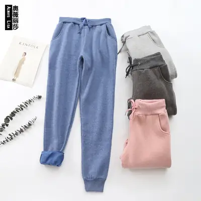Women Black Warm Full-Length Pants 2023 Winter