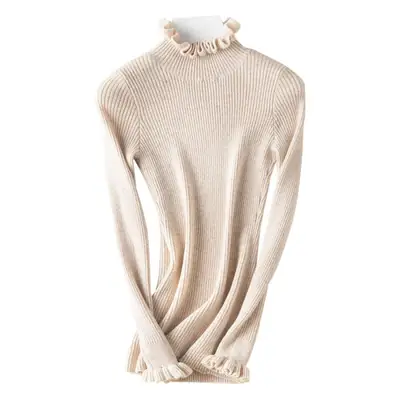 Women's Ruffled Knit Sweater Grey Ribbed Slim Fit